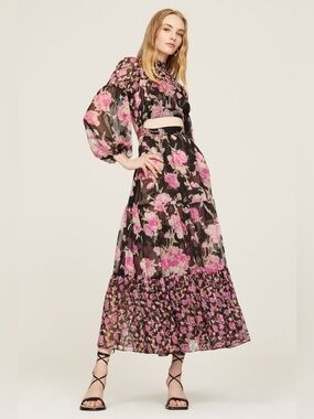 Misa Los Angeles Small Black & Pink Floral Midi Dress